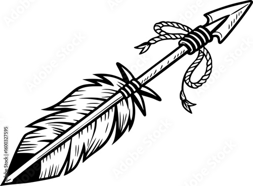 Tribal feather arrow with rope accent black and white illustration