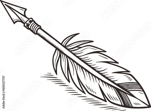 Tribal arrowhead with feather fletching in a vintage engraved style