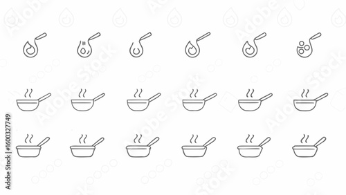 Depiction of cooking process stages showing pan with steam and liquid being poured and heated in pan images silhouette