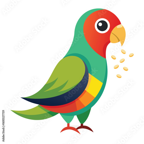 A delightful colorful lovebird delicately holding a seed, on a plain white background, showcasing its natural feeding behavior.
