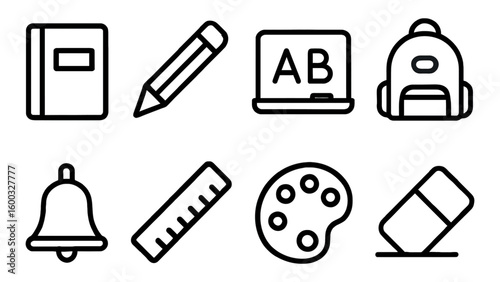 Linear icon set of school supplies and educational tools