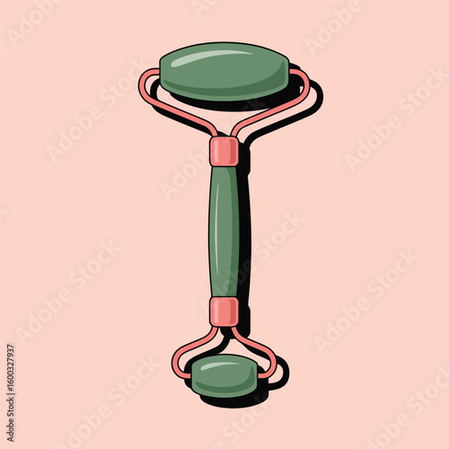 Vector Illustration of a Green Jade Facial Roller with Coral Pink Accents on a Pale Pink Background Simple Flat Style Design