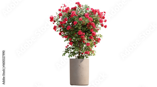 Climbing rose bush in a tall cylindrical pot background isolated on a Transparent background, PNG file.
