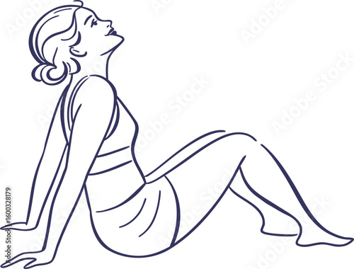 Elegant woman in a swimsuit sitting with her head tilted back and eyes closed
