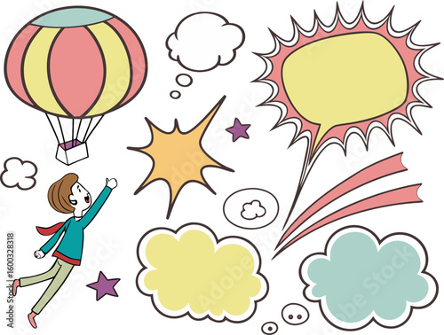 Child reaching for hot air balloon surrounded by colorful speech and thought bubbles