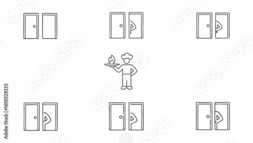 Illustration showing doors with partial figures behind and a chef holding a flaming dish in the center silhouette