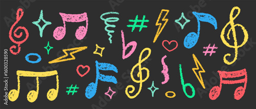 Chalk Blackboard Musical Notes Vector Set Crayon Scribble Music Symbol Shapes Collection Pastel Colors Hand Drawn Brush Texture Treble Clefs Pencil Emphasis Elements Charcoal Doodle Audio Icons Bundle