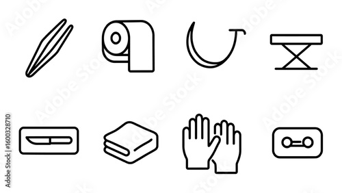 Linear icon set of medical tools and surgical equipment