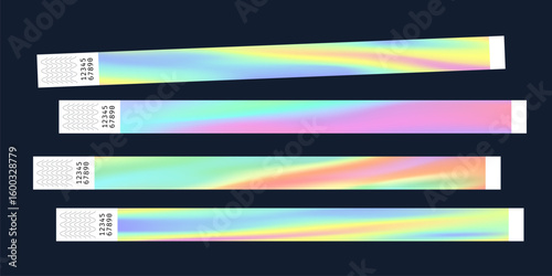 Festival Wrist Band Party Bracelet Mockups Set. Hologram Gradient Music Concert Event Wristband Bright Color Pass Templates. Vector Entry Stickers. Neon Style Access Arm Paper Admission Lanyards