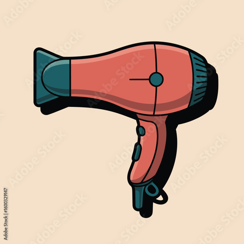 Coral and Teal Vector Style Hair Dryer Illustration Featuring a Side View of a Reddish Pink Handheld Hair Dryer with Dark Teal Accents Against