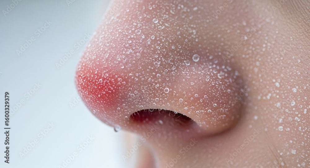 Fototapeta premium Human nose with sweat droplets and red tip, visually representing the concept of physiological stress response to heat or cold.