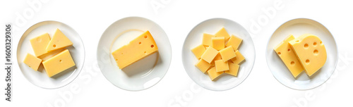 Four plates of yellow cheese pieces and slices dairy