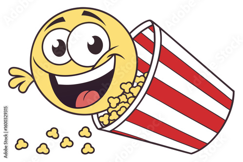 Happy Emoji Emoticon Eating Popcorn From a Striped Red and White Bucket