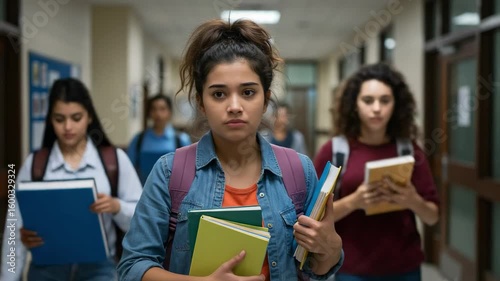 Worried Hispanic teenage girl student walking in a busy school hallway. Anxious young woman feeling stressed and overwhelmed at high school or college.