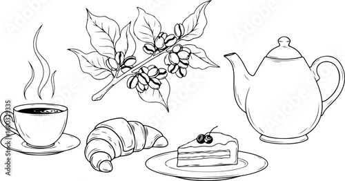 Classic coffee break featuring hot beverage croissant cake and teapot line art