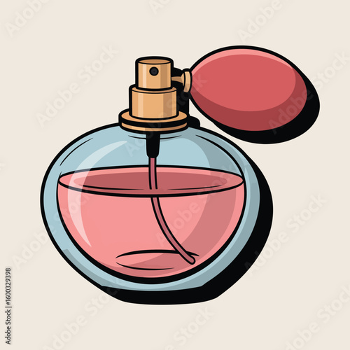 Cute Vector Style Illustration of a Pink Perfume Bottle with a Light Blue Glass Body and a Red Bulb Atomizer Gold Cap