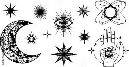 Mystical celestial symbols crescent moon stars eye and hands for esoteric designs