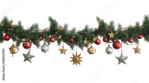 Christmas garland with ornaments isolated on transparent background