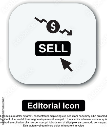 Financial market crash icon with cursor clicking sell button and a declining dollar symbol.