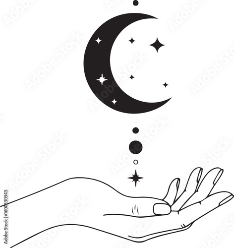 Mystical crescent moon and stars hovering above an open hand