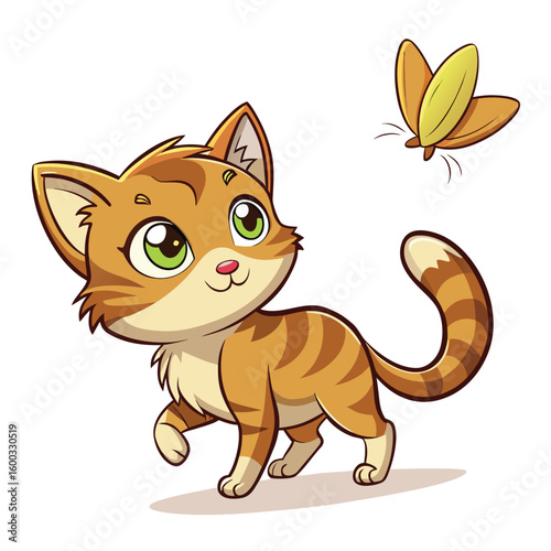 A delightful curious kitten playfully chasing a butterfly, isolated on white, showcasing its natural hunting instincts and innocent curiosity.