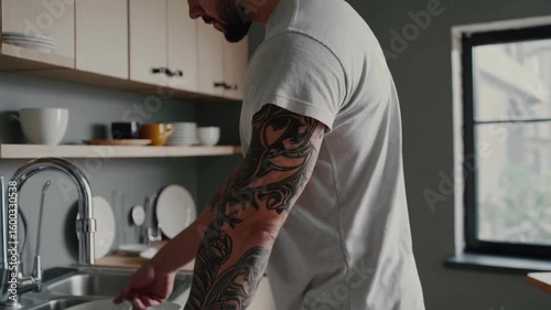 Tattooed man washing dishes in modern kitchen, daily life and gender role reversal in household chores