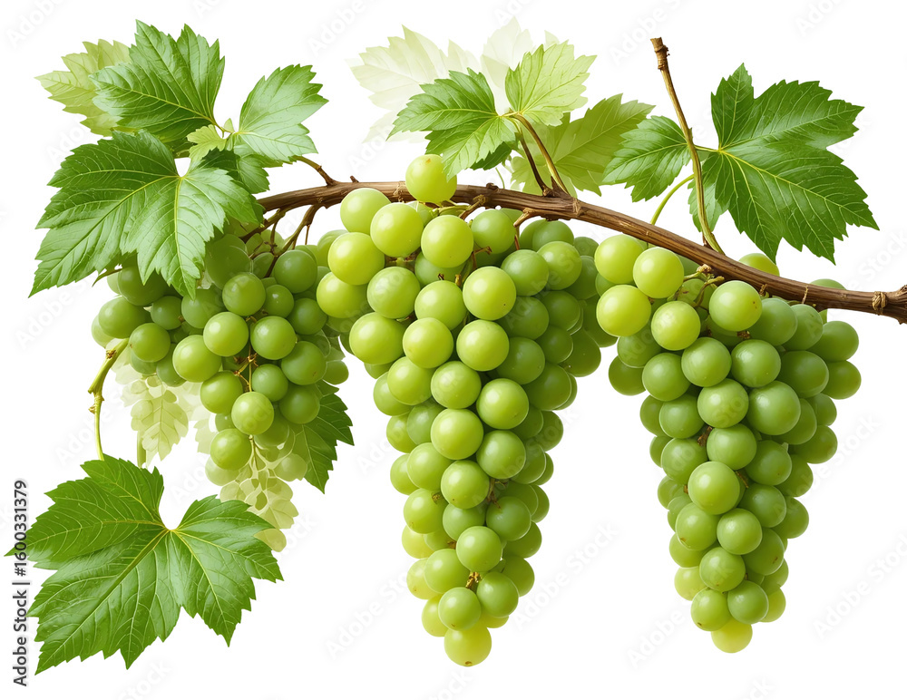 Obraz premium Fresh Green Grape Cluster Hanging on Vine – Transparent Background PNG