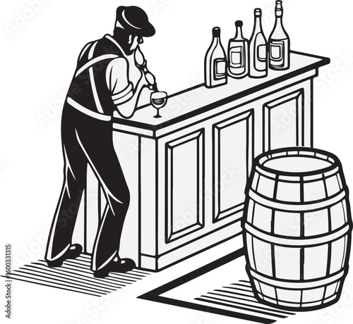 Vintage Bartender Illustration at Bar Counter – Retro Style with Wine Bottles and Barrel