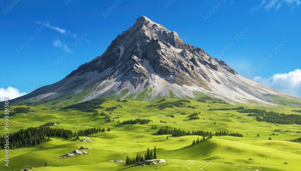 Fototapeta premium Majestic mountain peak overlooks verdant meadow under clear blue sky. Sunlit green rolling hills dotted with pine trees offer vast panorama. Serene landscape for outdoor adventure, travel, summer