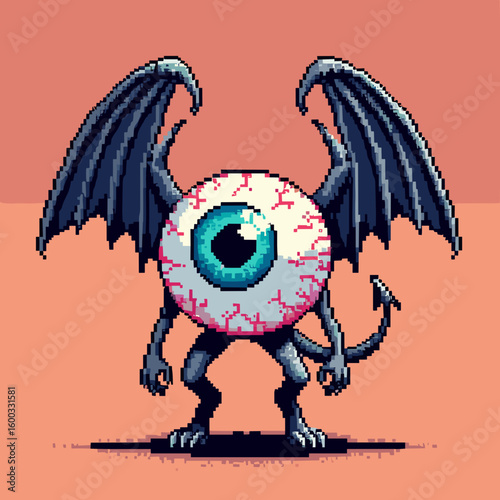 Floating eyeball with small bat wings.	