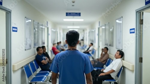 India doctor in hospital corridor, blue person indoors. Suitable for medical, healthcare, hospital themed designs, showcasing diverse medical professionals.