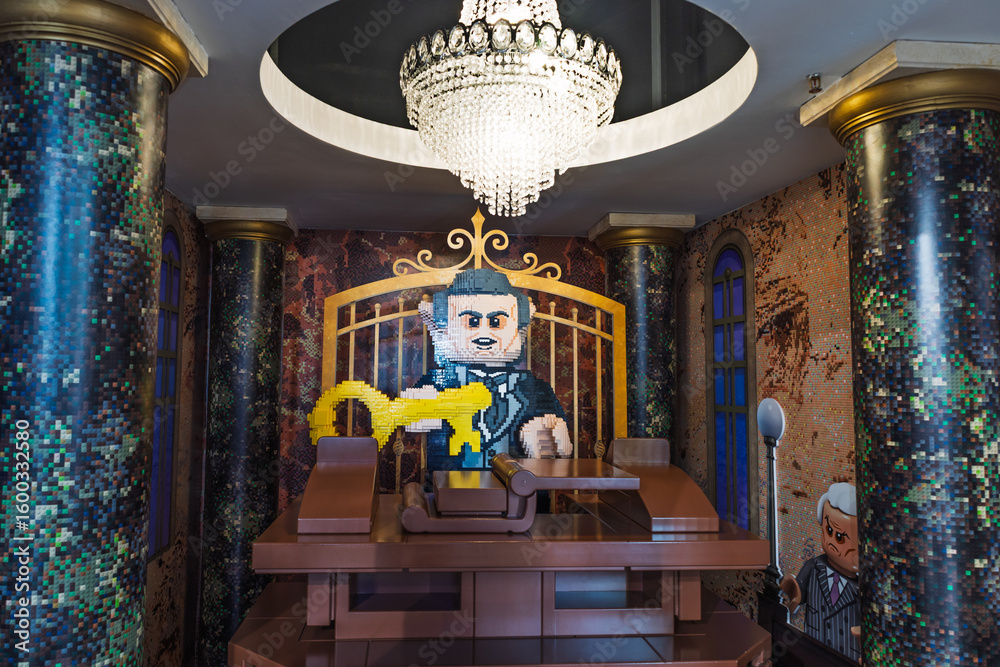 Fototapeta premium Life size LEGO goblin banker display inside Gringotts styled interior. London, UK, 2 June 2024