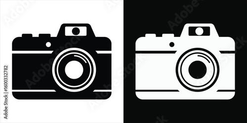 Photo camera vector icon in black and white.