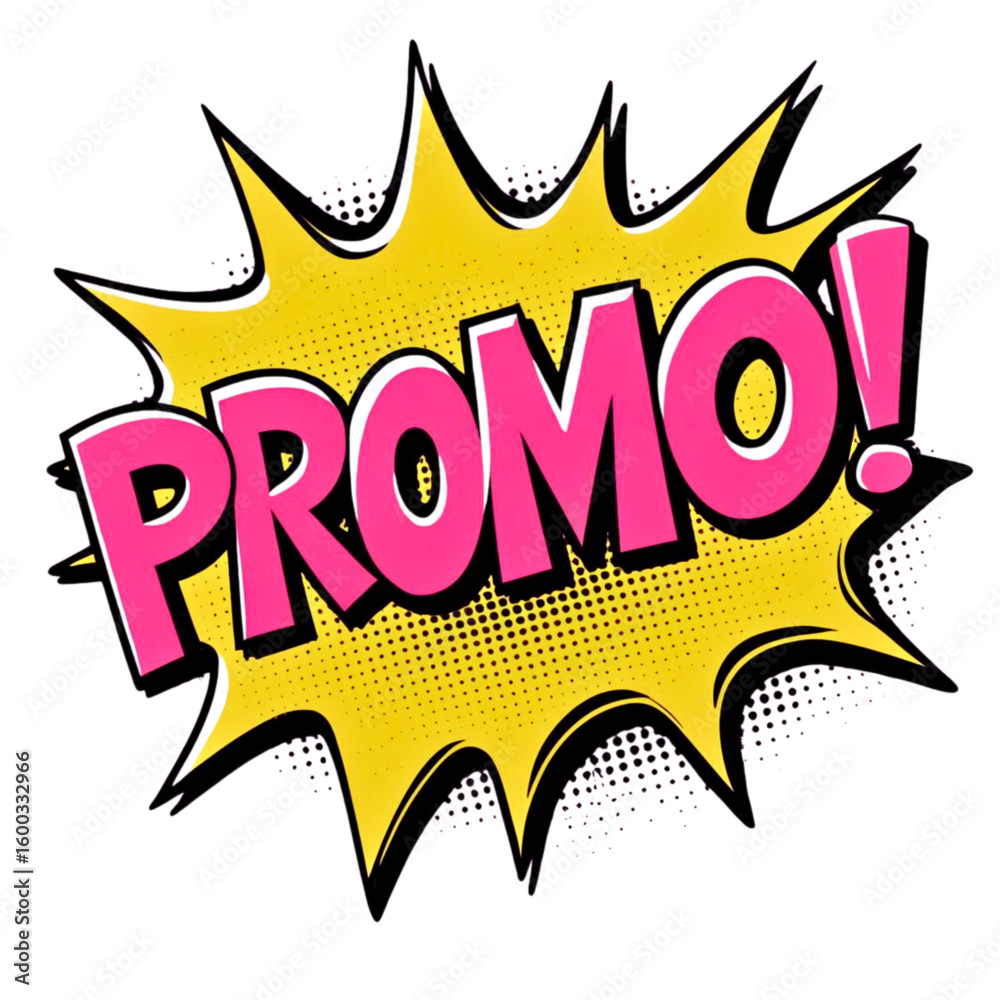 Fototapeta premium Bright yellow comic book style speech bubble with pink promo text and halftone dots