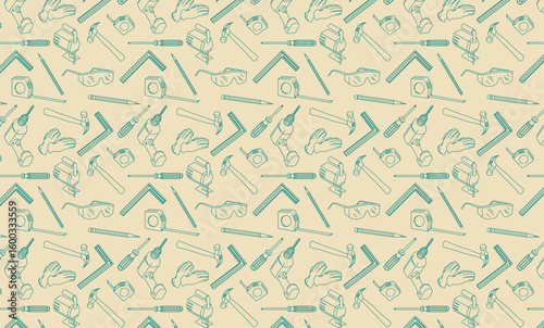 Seamless pattern of various light blue outline icons of essential construction and hardware tools. Use for themes of craftsmanship, hardware and workshop aesthetics.