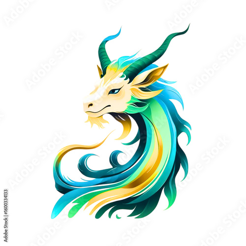 Majestic mythical creature with flowing mane in vibrant blue green and gold colors