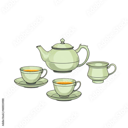 Charming illustration of a tea set with two cups a teapot and a creamer