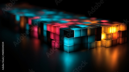 3d of a glowing cube symbol on dark background. Illuminated Cubes A Futuristic HiTech Technology Abstract background Composition.