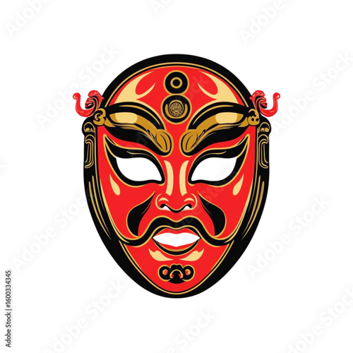 Traditional japanese noh mask with striking red and gold ornate details and expressive features