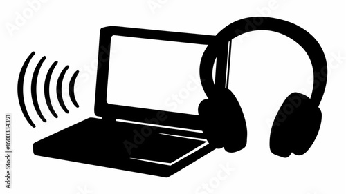 A black and white illustration of a laptop with sound waves and headphones on a plain white background silhouette