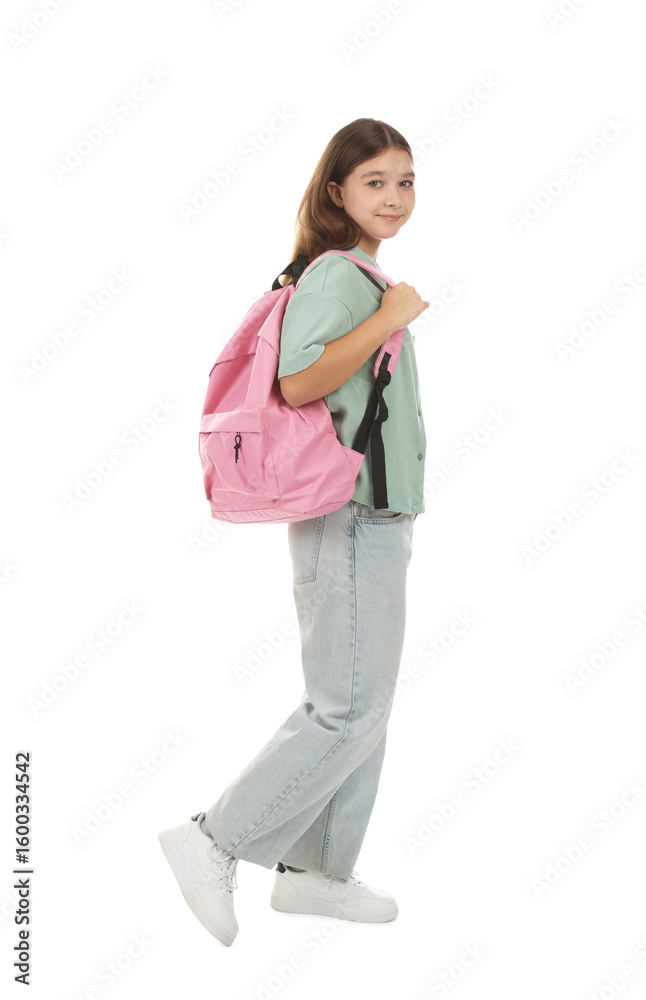 Fototapeta premium Teenage girl with backpack on white background
