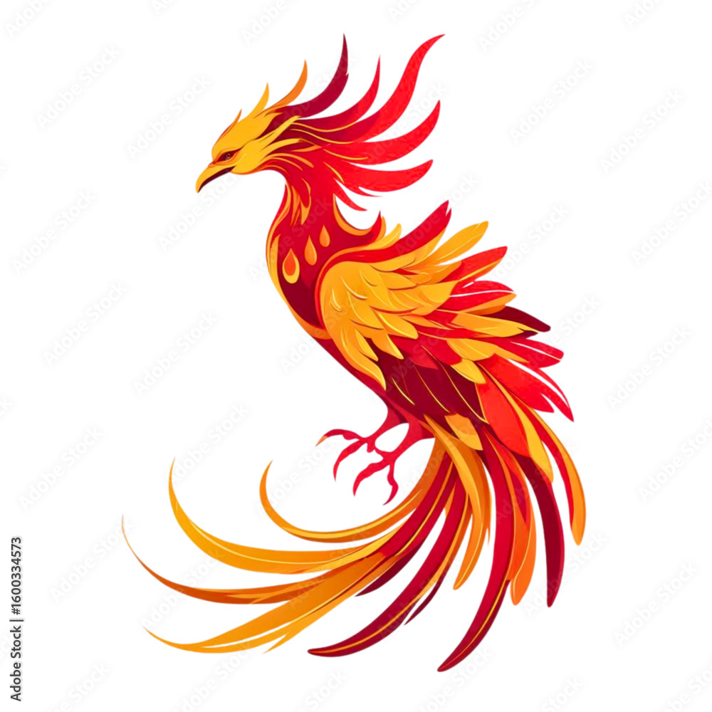 Fototapeta premium Stylized mythical phoenix bird with vibrant red and orange fiery plumage and long flowing tail feathers