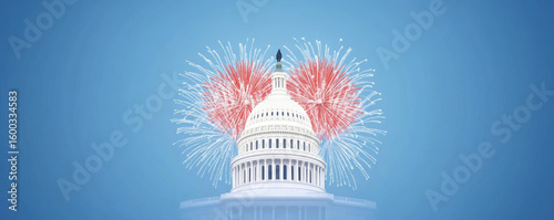 Celebrate with vibrant flat design poster featuring fireworks bursting behind prominent government building, creating festive atmosphere. colorful display evokes joy and excitement