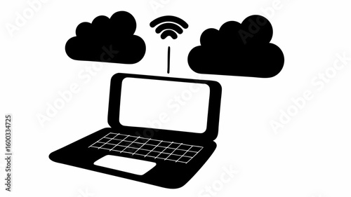 Illustration of a laptop connected to cloud storage via wifi signal in black and white style art silhouette