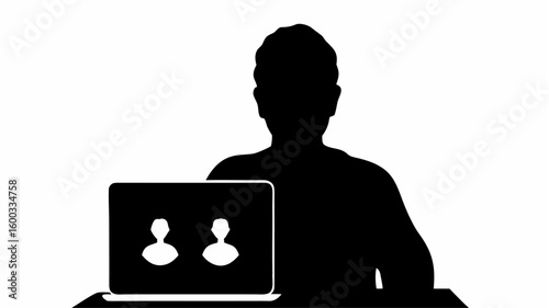 Silhouette of a person using a laptop for a video call with two other participants displayed on screen