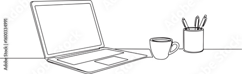 Simple sketch of an open laptop next to a coffee cup and pen holder on a desk