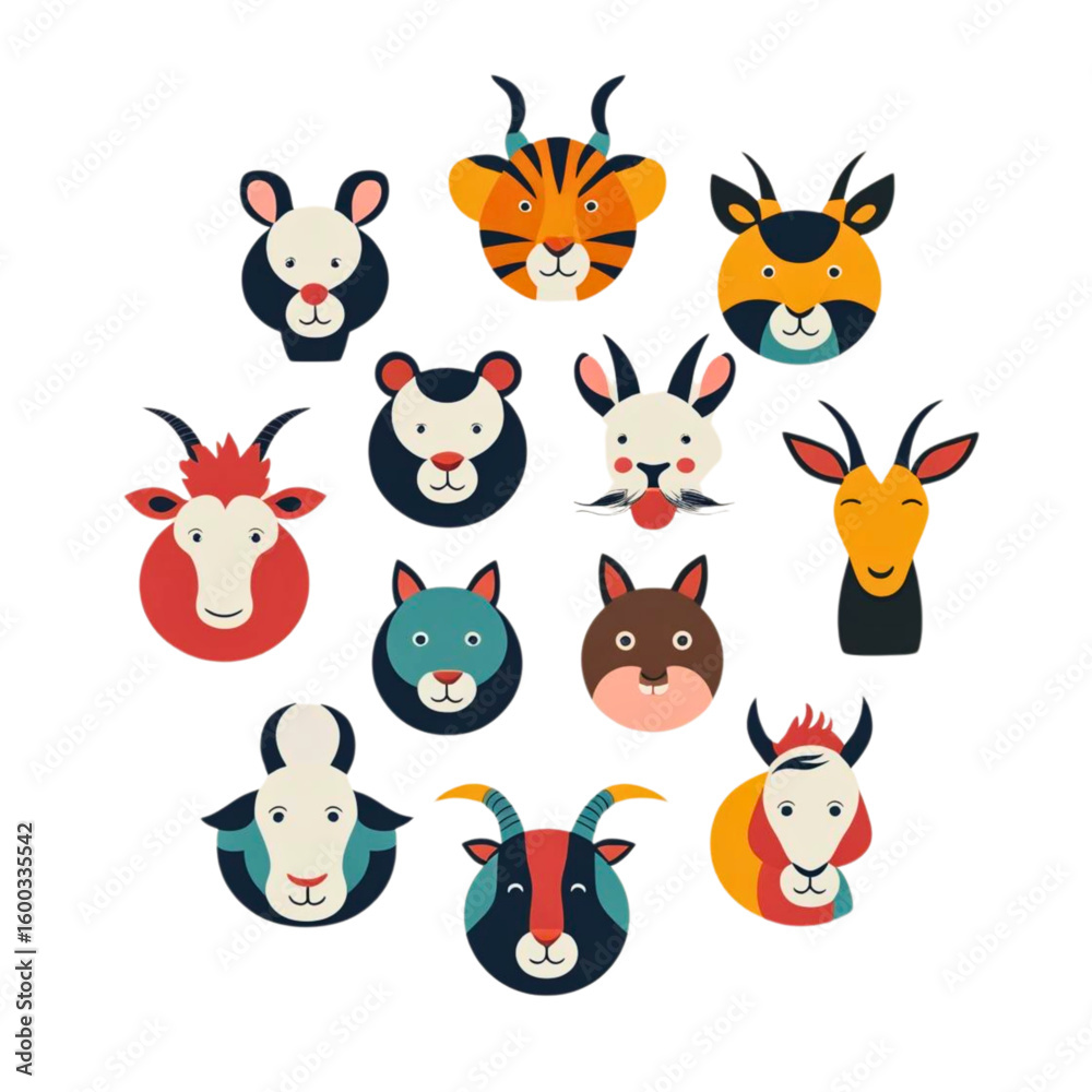 Fototapeta premium Collection of cute cartoon animal faces including goats tigers and rabbits