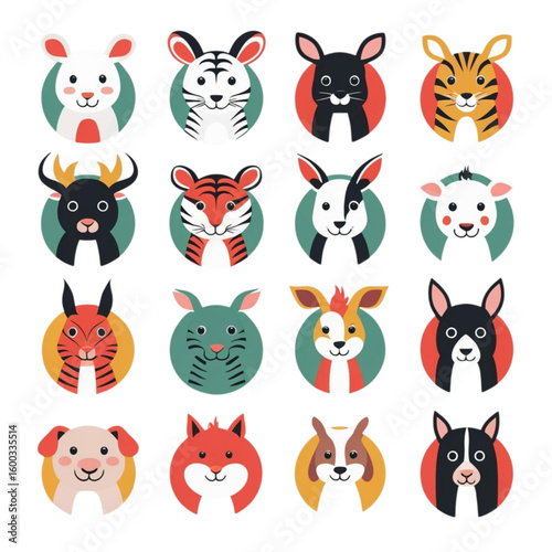 Collection of cute cartoon animal faces featuring rabbits tigers dog fox and bull