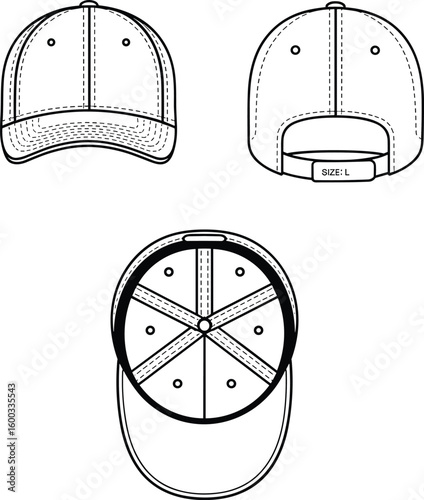 Baseball cap, vector illustration, front view, back view, top view, adjustable strap, stitching detail, hat blueprint, technical drawing, CAD sketch,