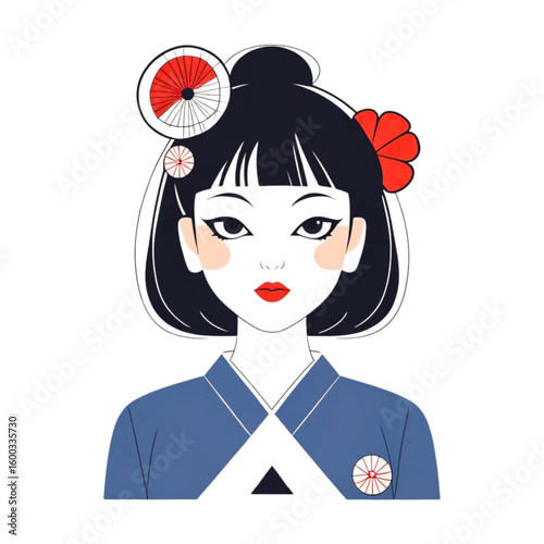 Stylized illustration of a japanese woman wearing a blue kimono and traditional hair ornaments